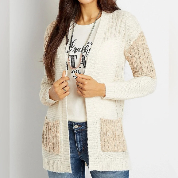 Maurices Cream & Tan Patchwork Pocket Tight Knit Cardigan Medium Women’s - Picture 11 of 11
